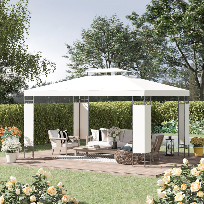 Patio Gazebo, Double Roof Outdoor Gazebo Canopy Shelter With Screen Decorate Corner Frame, White, Black