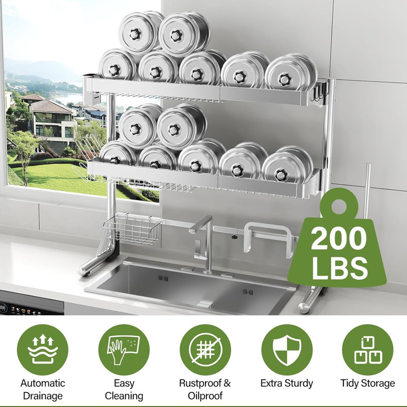 Over The Sink Dish Drying Rack 3-Tier Stainless Steel Adjustable Length Space-Saving Kitchen Organizer With Utensil Holders And Drip Tray