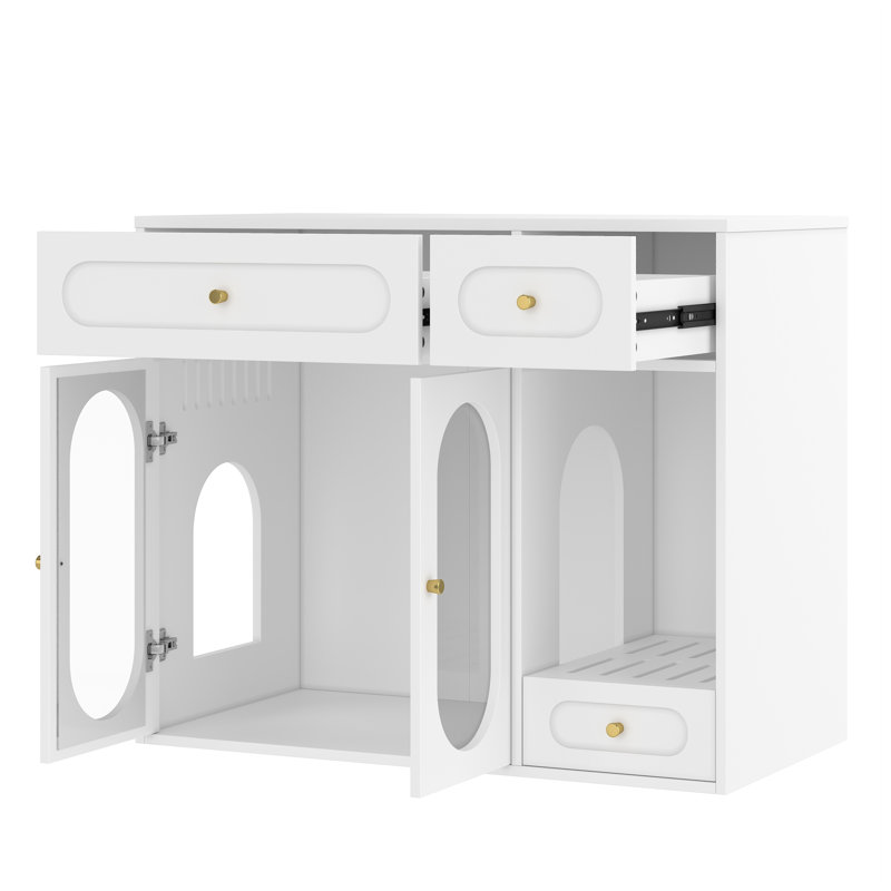 Modern Cat Litter Box Enclosure with LED Light - White Hidden Litter Box Furniture with Storage Drawers, Acrylic Doors End Table for Living Room