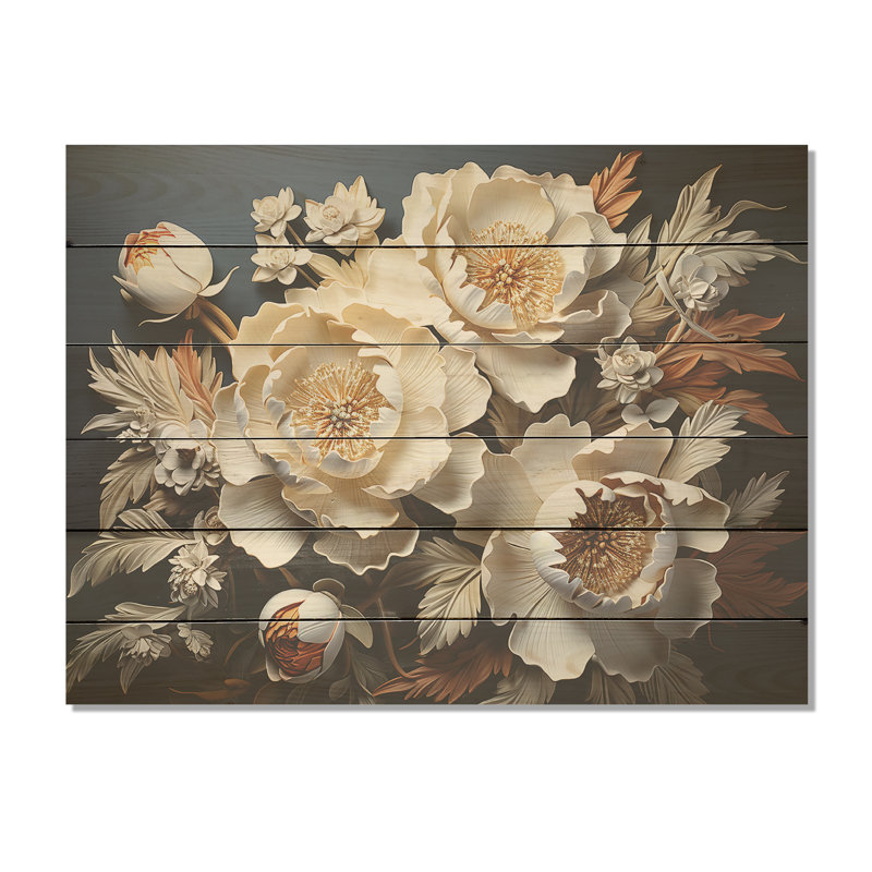 Peonies Unveiled Blooms I - Peonies Wood Art On Natural Pine Wood, 10" H x 20" W