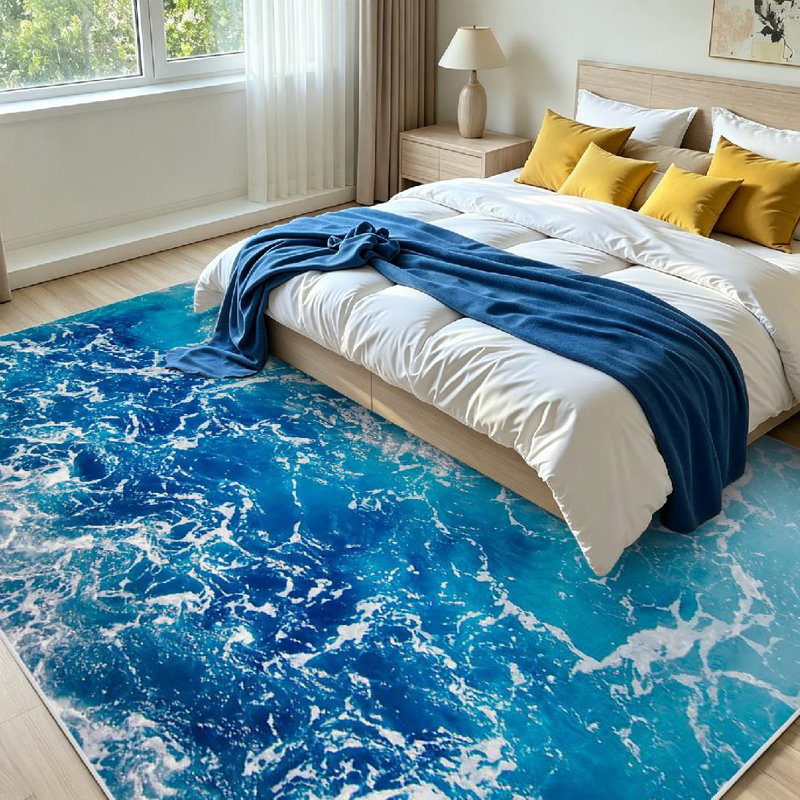 Tapis bleu océan lavable à la machine à l'eau de mer, Rectangle 79 po x 118 po