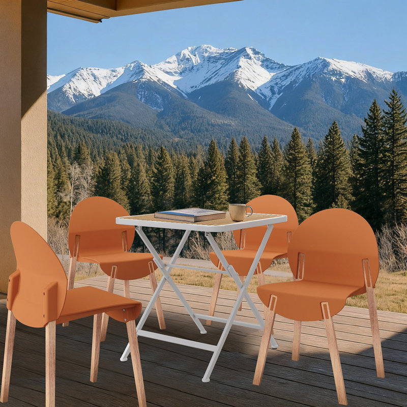 Ensemble de 4 chaises orange tropical - pieds en bois de chêne rouge et siège en PP avec table carrée pliante intérieure / extérieure moderne - plateau de table en PP avec pieds en métal (blanc, kaki)