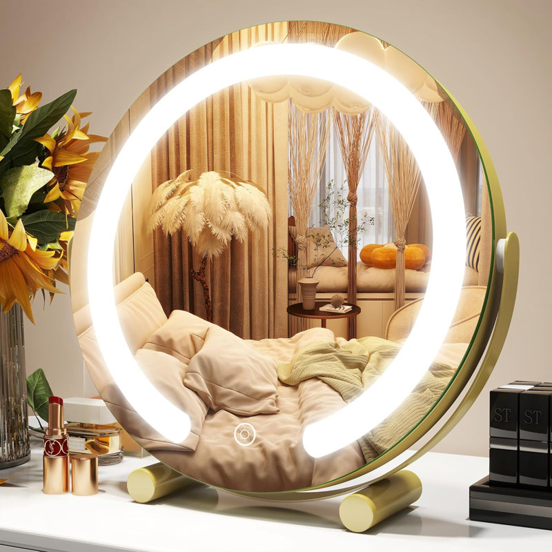 Miroir de meuble-lavabo lumineux avec lumières DEL à intensité variable 3 couleurs, rotation à 360 ° et commande tactile, grand miroir de maquillage avec base stable pour la chambre à coucher ou le vestiaire