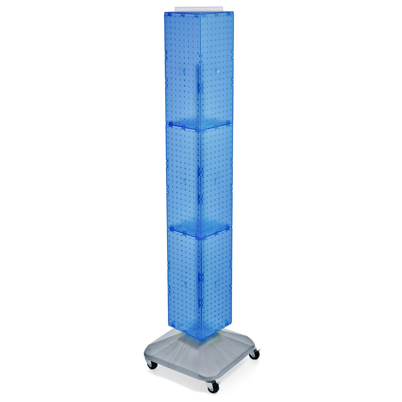 Présentoir à quatre côtés en panneau perforé sur base pivotante à roulettes. Tour Spinner Rack. Taille du panneau: l 8 po x H 60 po
