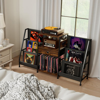 Support pour platine vinyle avec tiroir, rangement pour disques vinyles en tissu Oxford, 8 pieds réglables pour une stabilité optimale, table d'appoint idéale pour le salon, la chambre ou la chaîne hi-fi.