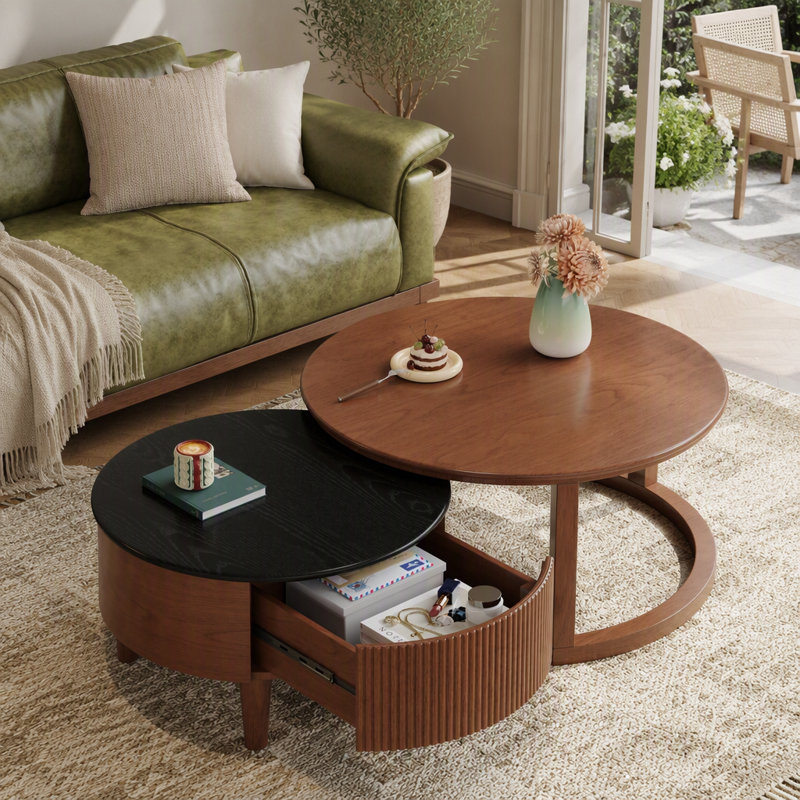 Vintage Round Nesting Coffee Table Fluted with Drawer in Black & Walnut in 31.5''