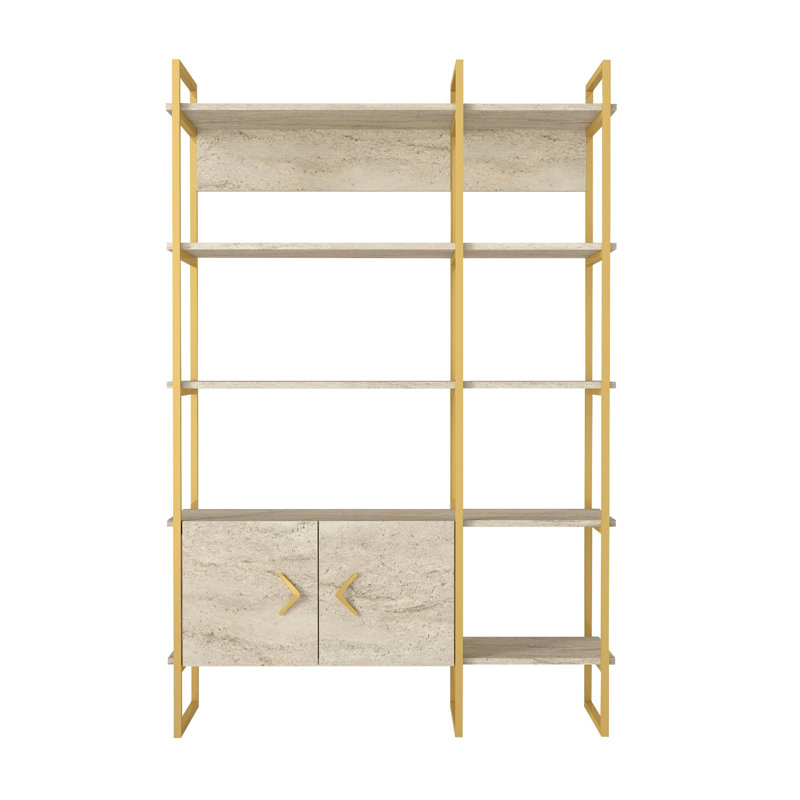 Baugus 180cm H x 120cm W Standard Bookcase, Gold/Travertine