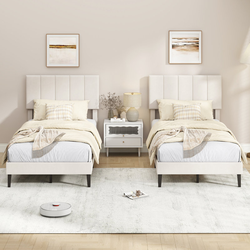 Structure de lit simple en velours, lit plateforme tapissier avec tête de lit réglable beige / gris, White