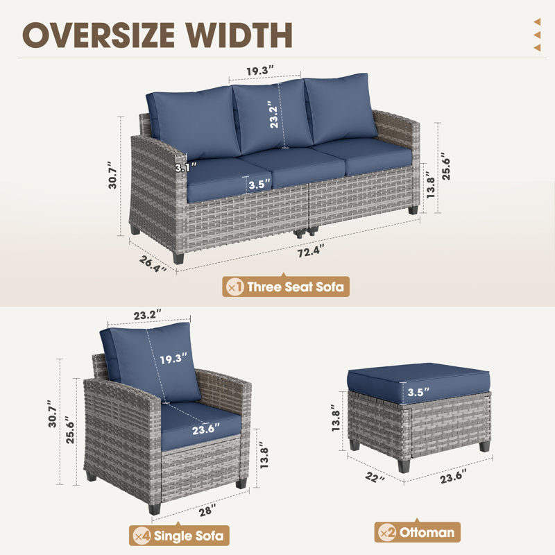7-Person Outdoor Seating Group With Cushion, Navy, Gray