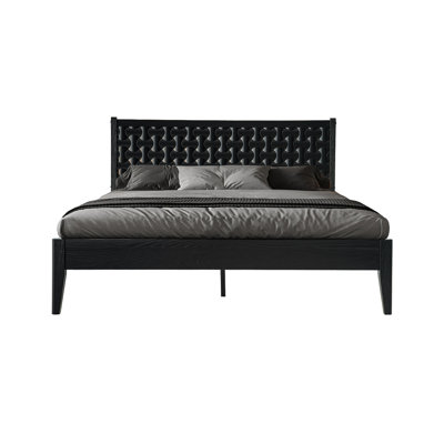 Queen Size Solid Wood Platform Bed Frame, Headboard & Footboard, Center Metal Legs, 12 Durable Slatted Structure, No Box Spring Needed, Noise-Free & Anti-Slip, Easy Assembly, Ebony Oak Finish