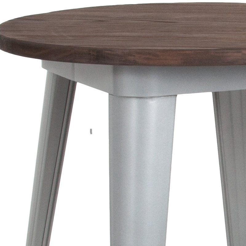 Dorset 30" Round Metal Indoor Table with Rustic Wood Top, 30.5" H x 24" L x 24" W, Silver