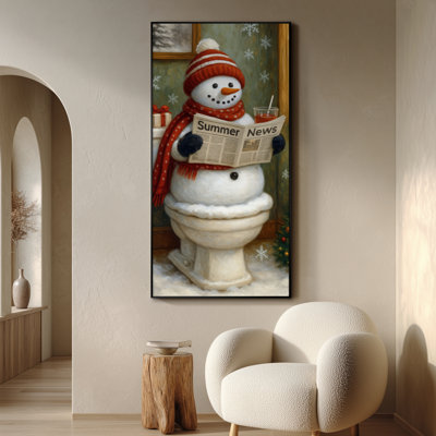 Très grand, reproduction d'art sur tissu - Bonhomme de neige rouge - Décoration d'entrée fantaisiste - "Cadre à assembler requis (cadre non fini)"