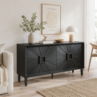Crédence 60 po de style rustique américain de première qualité en noir élégant - Porte symétrique Sunburst, meuble télé robuste avec tablettes réglables, armoire de rangement en bois noir