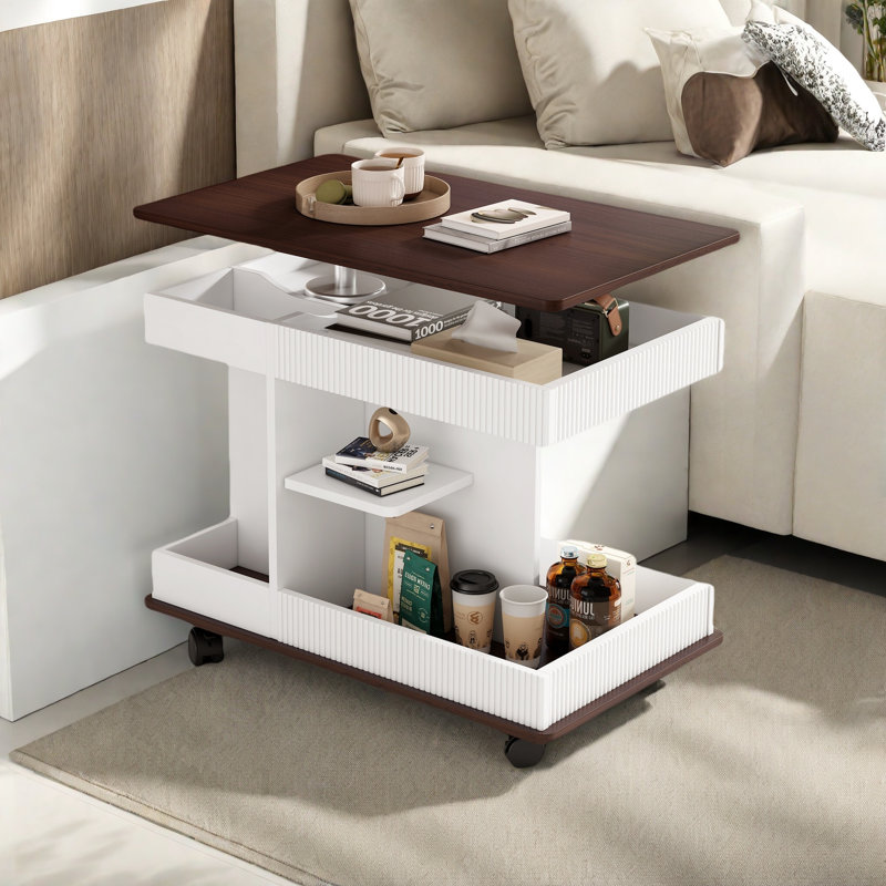 Adjustable End Table With Wheels, 360°rotating Top, Storage Space, Wood Grain Texture And Vertical Striped Design, White