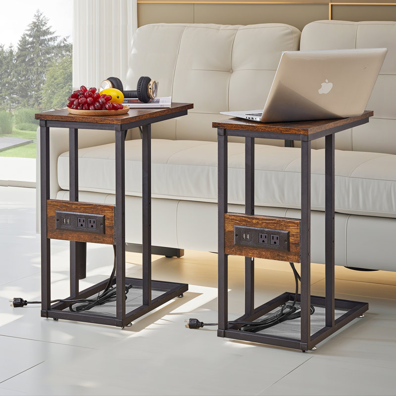 C End Table With USB And Built-In Outlets, Brown Top/Black Base