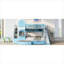 Lit double superposé double en bois massif de style château, bleu doux avec glissade, 2 tiroirs et 3 tablettes