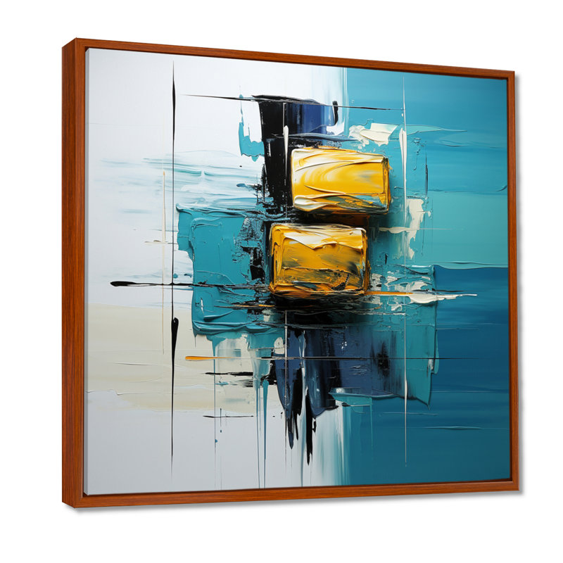 «Ebullient pensé jaune moutarde sur fond bleu», art mural abstrait, H 16 po x l 16 po, Brown Floater Framed