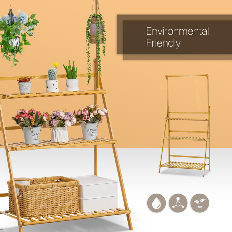 Natural Bamboo 3-Tier Plant Stand with Adjustable Hanging Rod