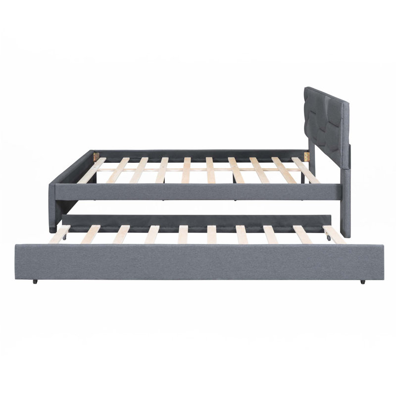 Lit plateforme tapissier avec lit gigogne, Gris, Grand