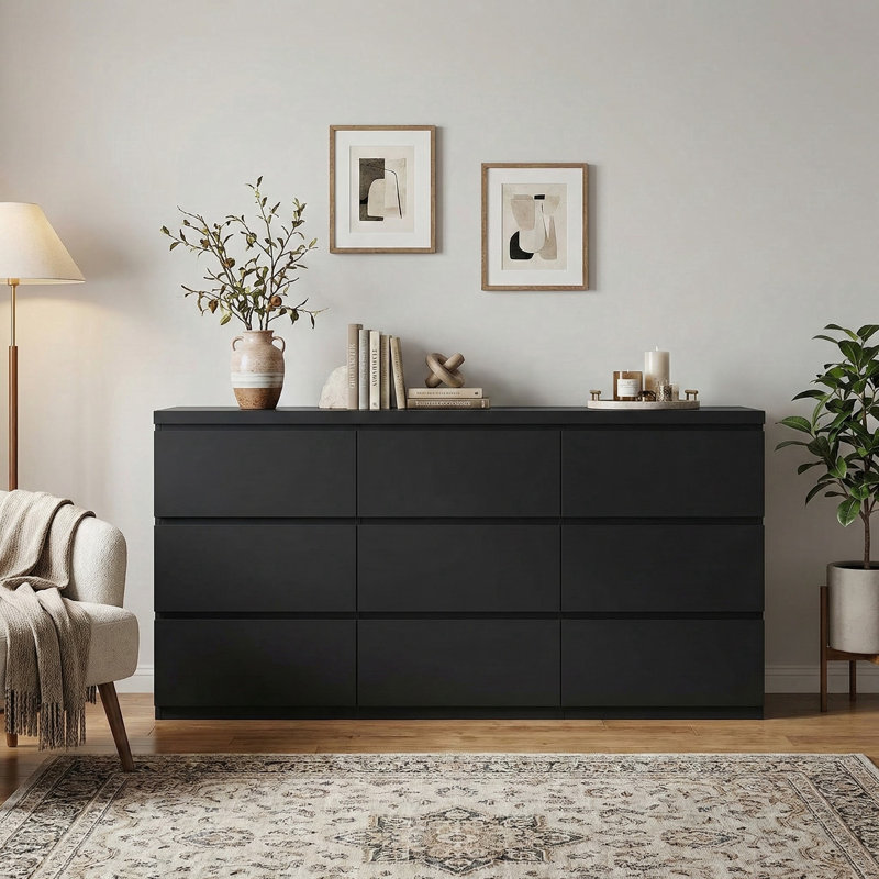 Commode 9 tiroirs sans poignée, bois mat moderne pour le rangement de la chambre à coucher et du salon, Noir