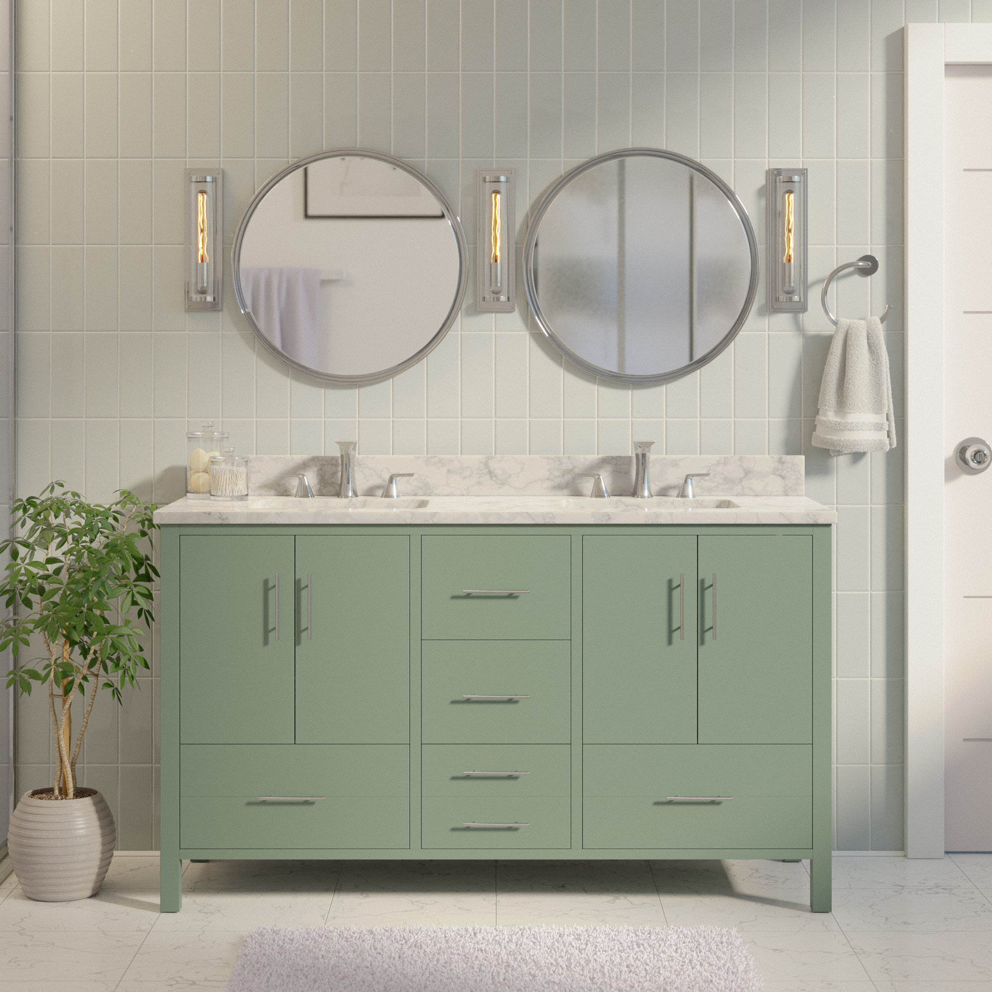 Kiara 60'' Double Bathroom Vanity, Carrara Marble, Sage Green