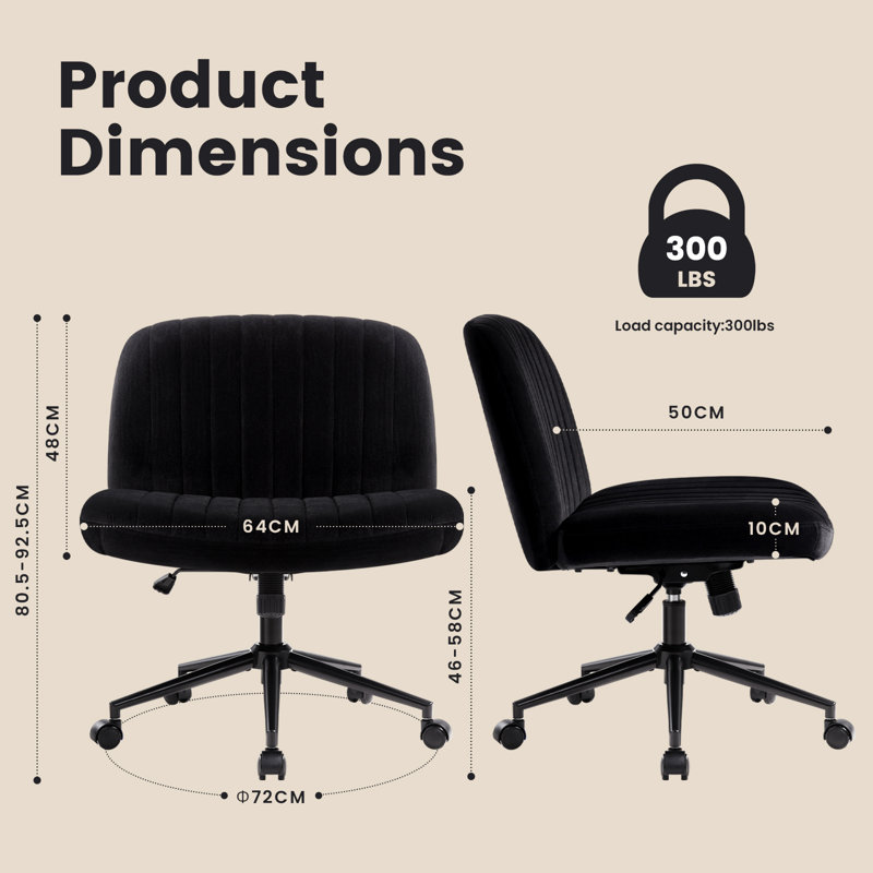 Milicent Armless Wide Desk Chair with Wheels, Black, Velvet