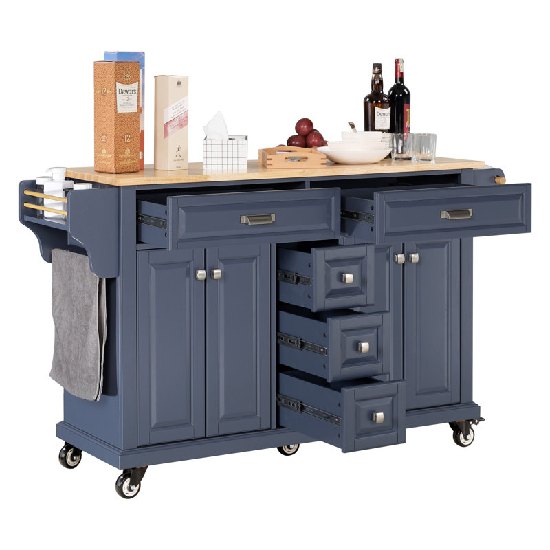 Îlot de cuisine avec comptoir en bois d'hévéa, chariot de cuisine sur 5 roues avec armoire de rangement