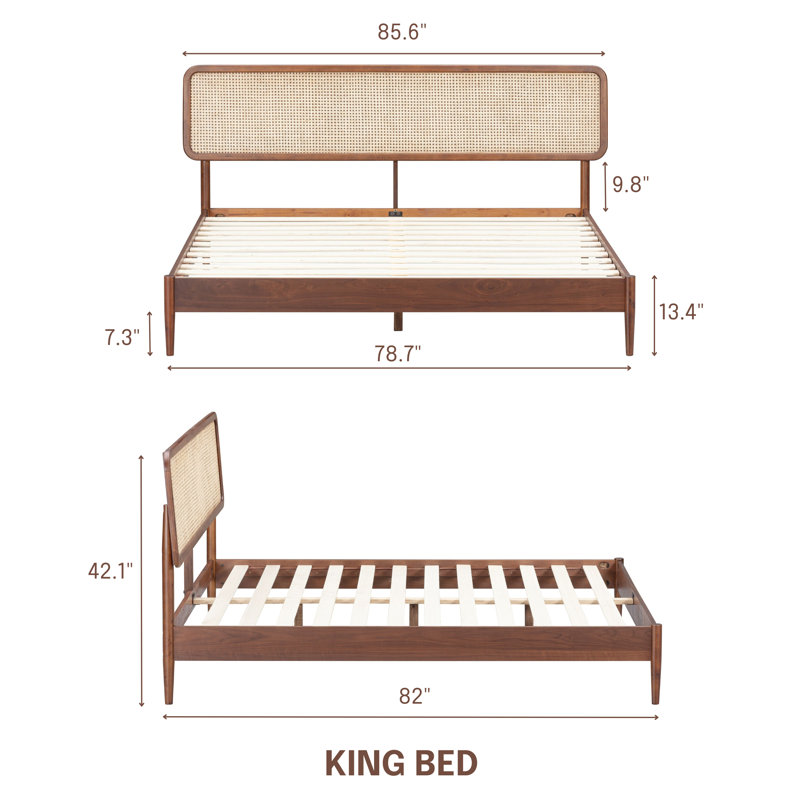 NTC Lupin Wooden Bed Frame with Headboard and Natural Rattan, Solid Oak/Rubber Wood Foundation with Silent Slats, 1000 Lb Capacity, Effortless Assembly