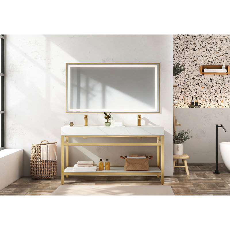 Ensemble de meuble-lavabo double 60 po Funes, Or brossé, Blanc montagne enneigée, Or brossé