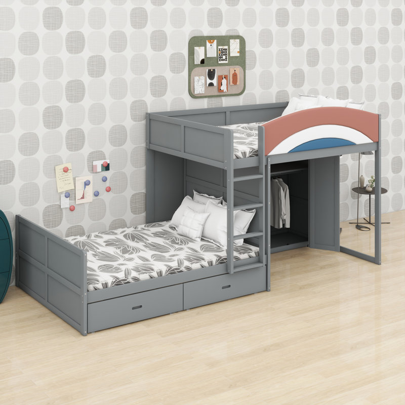 Multi-Functional Offset Bunk Bed Featuring Wardrobe, Drawers, Upholstered Guardrail, and Hanging Rod System, Gray