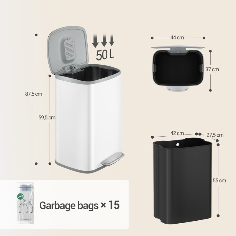 Kitchen Bin 50L, Recycling Bins for Kitchen, Stainless Steel Pedal Bin with Soft-Close Lid, Rubbish Bins with Handle, Removable Inner Bucket, 15 Bin Bags, White 