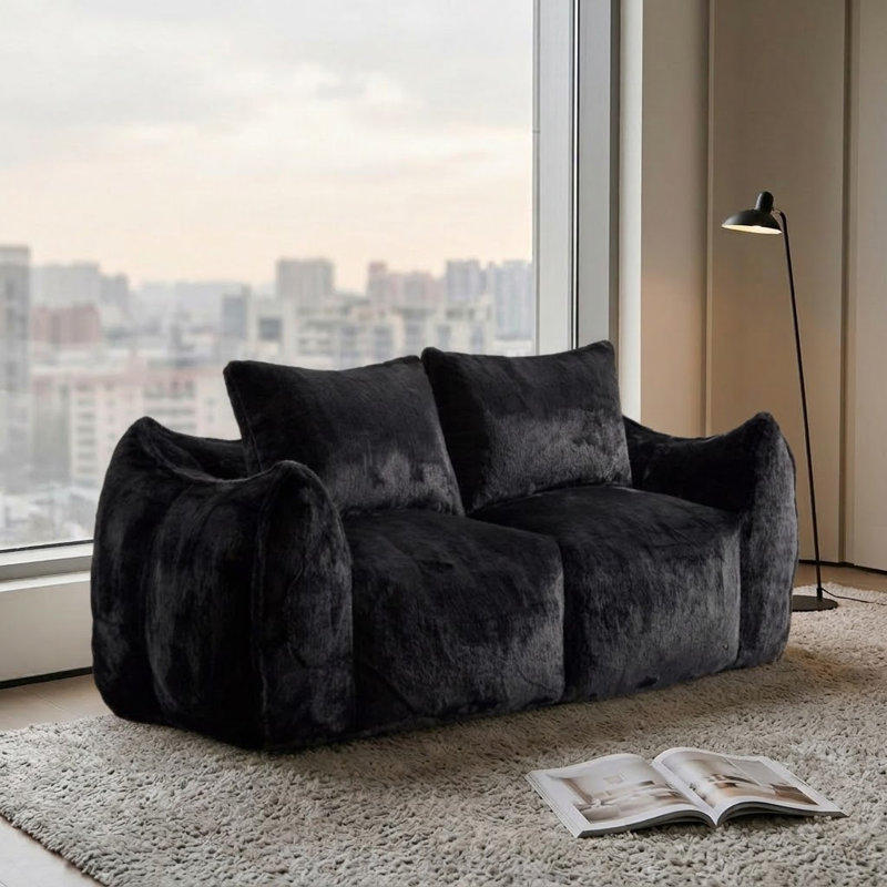 Modern Oversized Bean Bag Loveseat Sofa,Plush Fluffy Lounge Chair with Pillows for Living Room and Bedroom, Black 