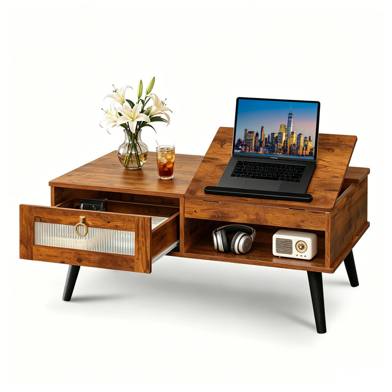 Table basse rectangulaire à plateau relevable avec 5 hauteurs réglables, compartiment de rangement caché et tiroir, table centrale rustique avec plusieurs espaces de rangement pour le salon