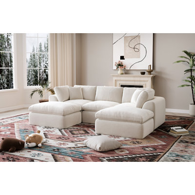 U-Shape 5-Seat Sectional Sofa With Ottomans, 110" Wide, No-Assembly Cloud-Style Design, High-Density Boneless Compression Foam, White