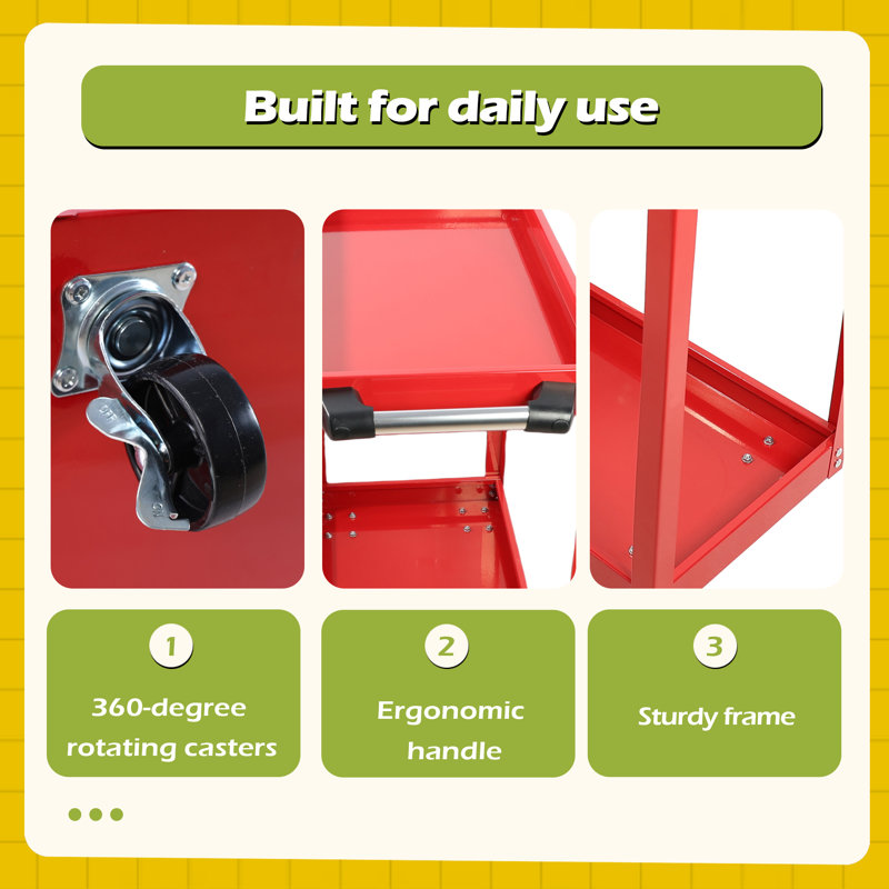 Chariot à outils sur roues, chariot utilitaire en acier robuste avec roues verrouillables, Rouge