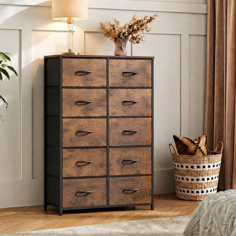 Cecilla 10 Drawer Dresser for Bedroom, Tall Dresser for Storage with Woonden Top, Sturdy Frame, Brown Double Dresser for Living Room, Closet, Hallway