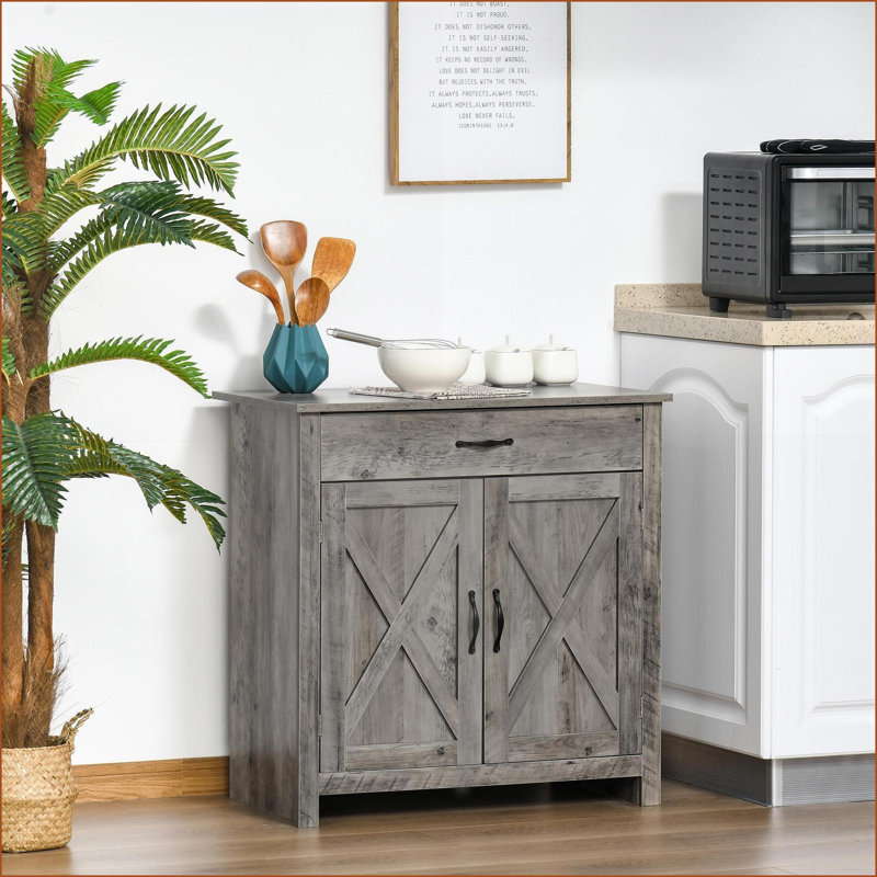 Sideboard, Farmhouse Barn Door Style 32” Cabinet with Adjustable Shelf | MDF | Particleboard, Walnut Brown