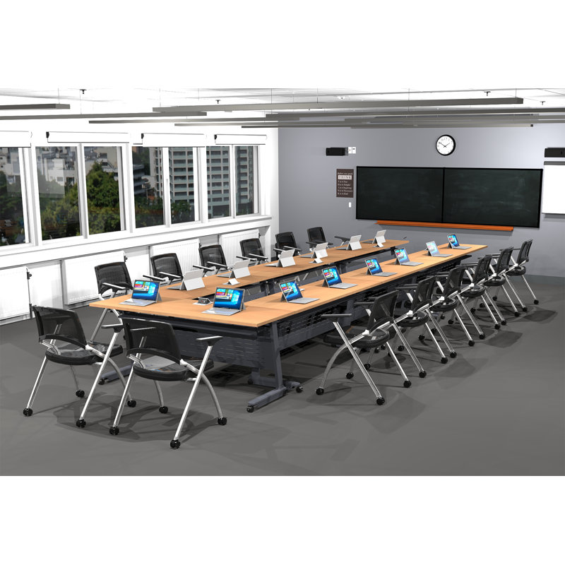 Tables Training Meeting Seminar Classroom 7Pc Beech Folding Industrial Caster Z-Base. Tables Connect.  Modesty Panel, Shelf, Power+Usb Outlet. Fold+Nest For Storage (Seating Not Included).