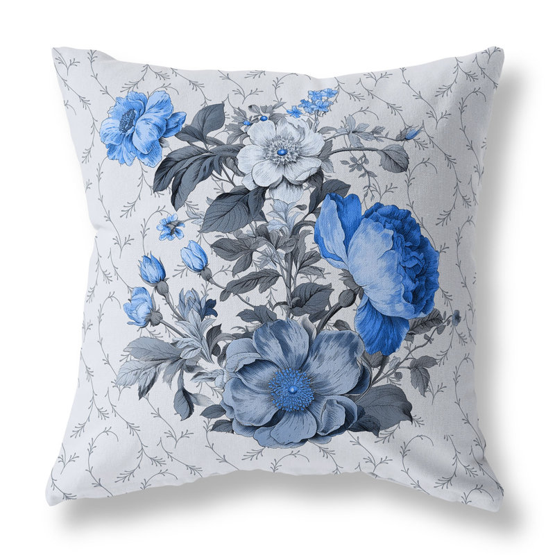 Coussin décoratif réversible intérieur / extérieur Flower And Knop, H 16 po x l 16 po, Floral gris / bleu