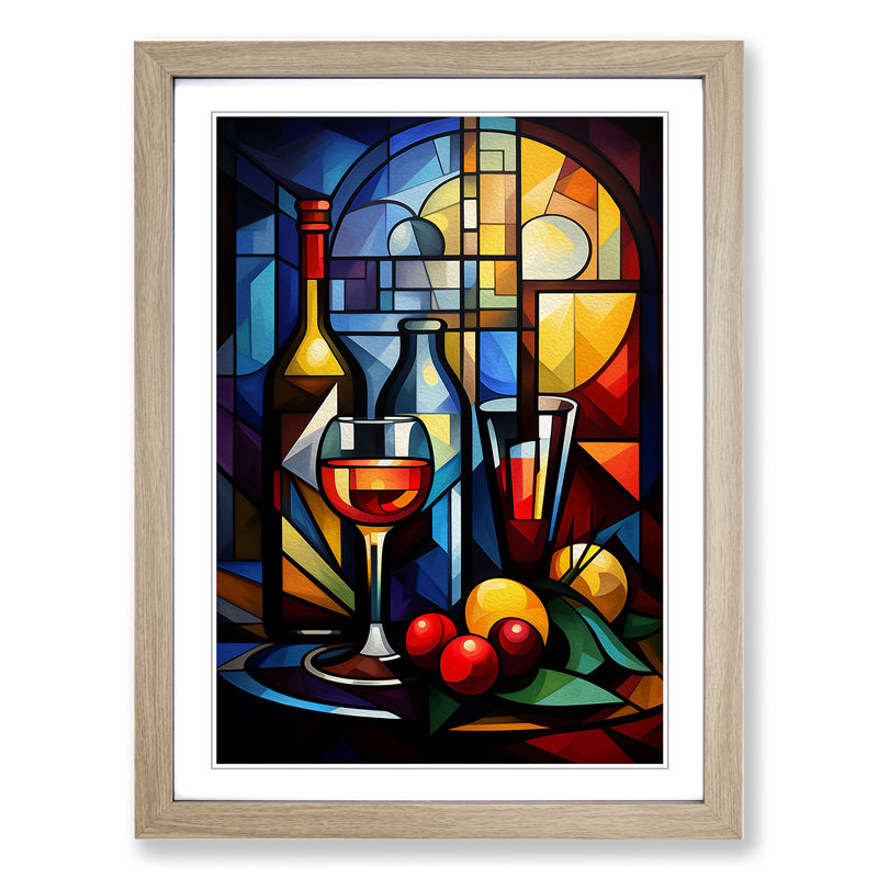 Wine Cubism Art - Framed Print, 34cm H x 25cm W x 2cm D, Oak