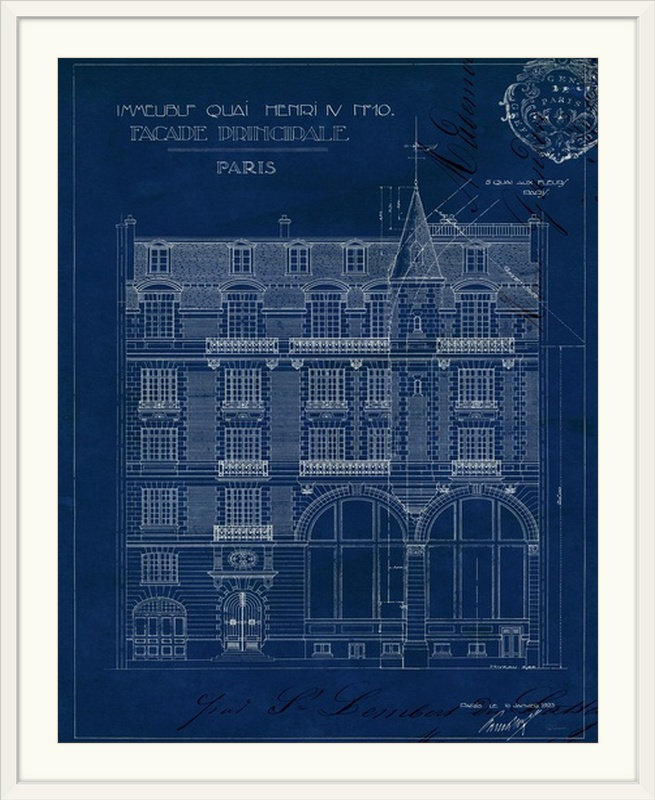 « i », impression Quai Henri Blueprint, H 28 po x l 24 po x P 1 po, Cadre blanc