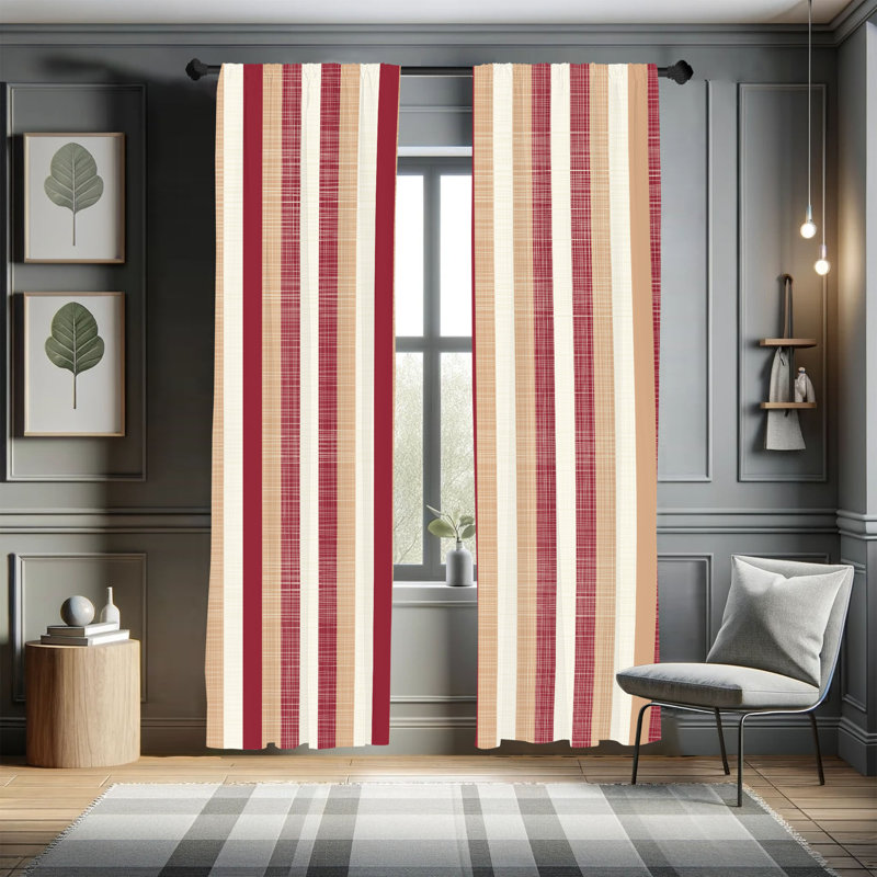 Fleur De Lis Living Retro Curtains, Classical Stripes Art Vintage, Pair of 28", Ruby and White, 28" W x 84" L