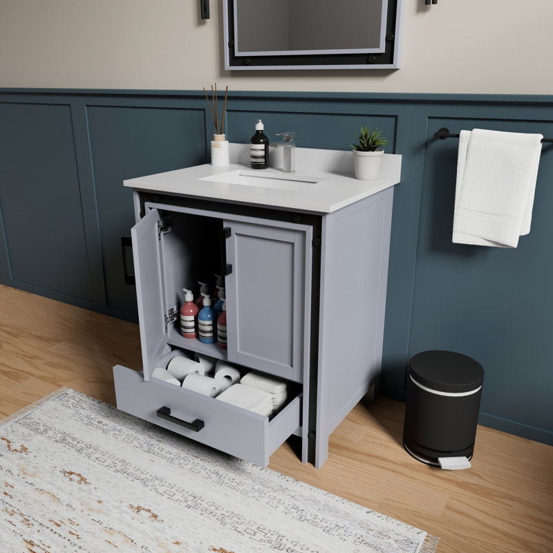 30 po De salle de bain gris foncé avec miroir de 28 po et unité de rangement pratique, Gris foncé
