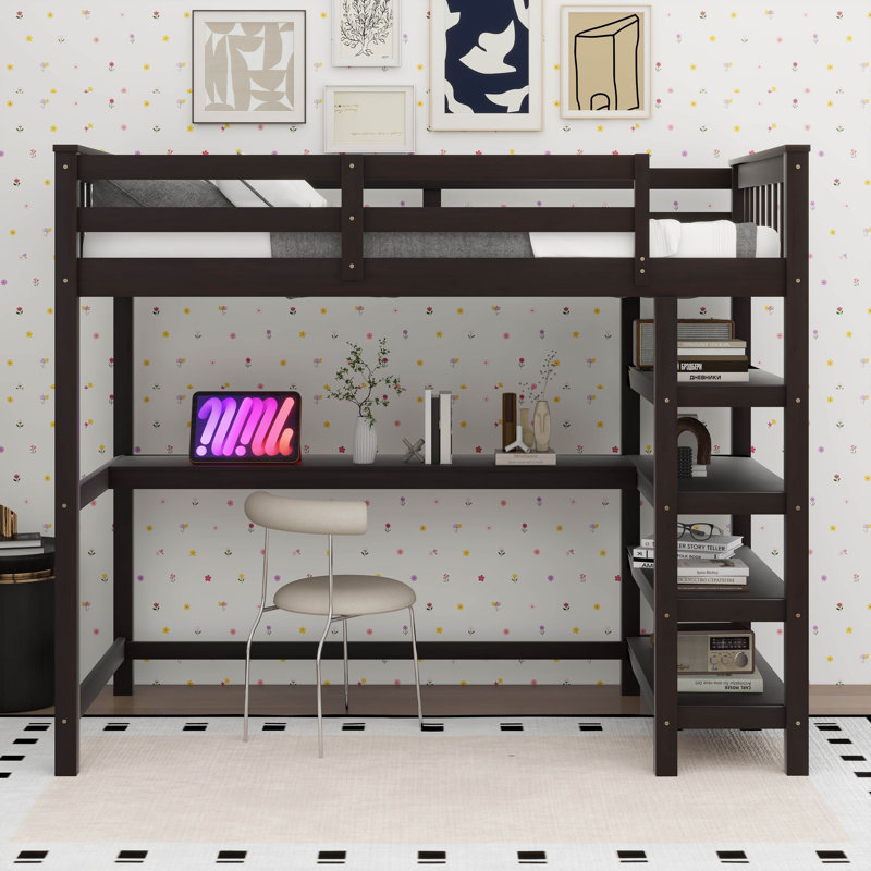 Lit mezzanine avec tablettes de rangement et bureau sous le lit, Lit simple, Espresso