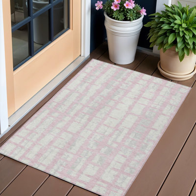 Tapis intérieur lavable rayé rose, gris et ivoire 3 pi x 5 pi