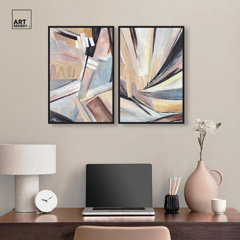 Balancing Lines Duo Canvas Print Gold Boho Wall Decor Set by Art Remedy, Black Frame, 10 x 15, H 25 po x l 17 po