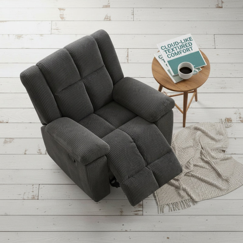 Manual Reclining Chair With Overstuffed Cushions, Soft Corduroy Fabric Single Sofa For Living Room, Home Theater, Dark Gray