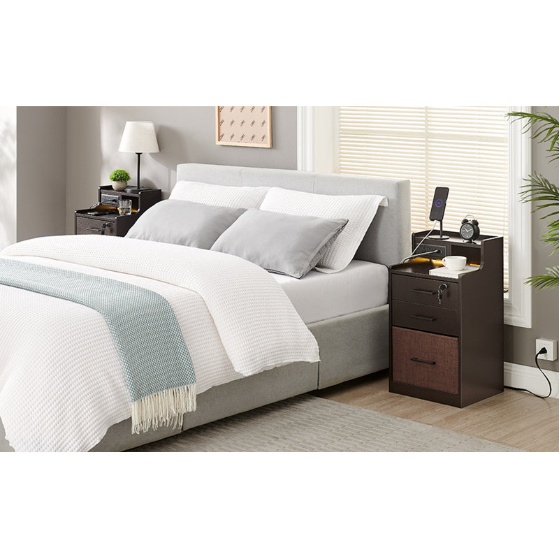 Wrought Studio™ 2 Drawer LED Nightstand, Night Stand With Fast Charging, 3 USB Ports And 2 Power Outlets, Bedside Table With Open Shelf, 29 Inch Nightstand With Lock For Bedroom, Espresso Color