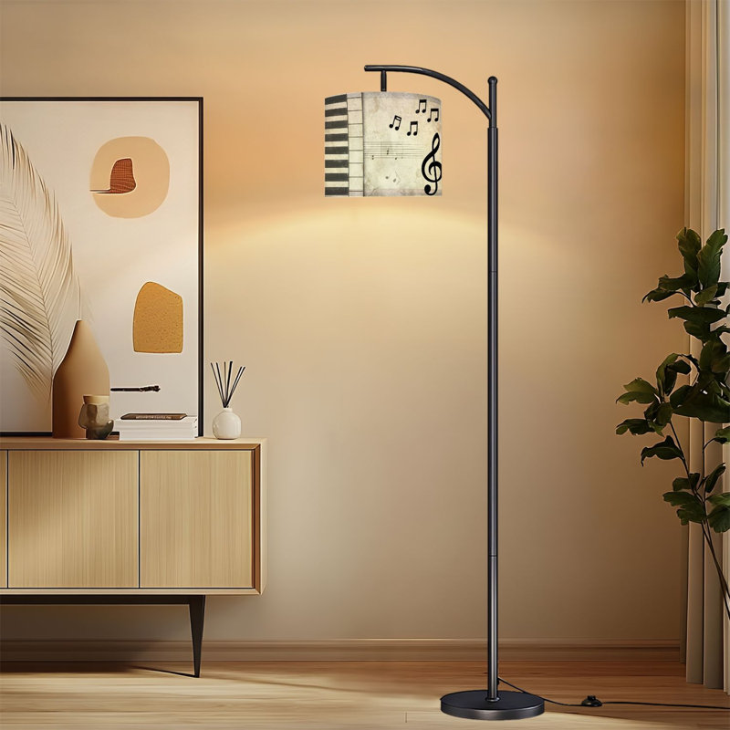 Arc Floor Lamp with Adjustable Lampshade Vintage Music Piano Keys Treble Clef Floating Musical Standing Lamp 3 Color Temperatures Dimmable Tall Pole Lamp with Foot Switch for Bedroom