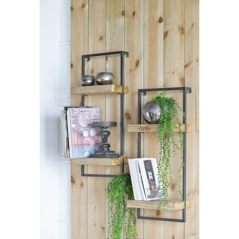 Étagère murale 12 x 6 x 27 po en fer et bois avec deux tablettes